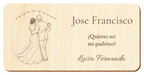 Simulation of a wedding sponsor plaque, laser engraved on plywood, scene The first dance, Jose Francisco and Luisa Fernanda, figures seen from behind without visible faces.