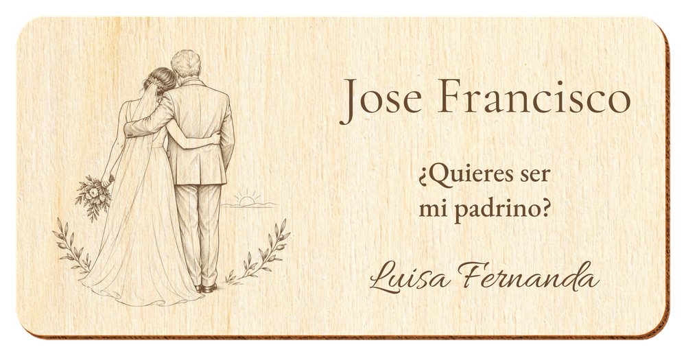Simulation of a wedding sponsor plaque, laser engraved on plywood, scene Before saying yes, Jose Francisco and Luisa Fernanda, figures seen from behind without visible faces.
