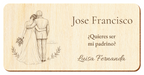 Simulation of a wedding sponsor plaque, laser engraved on plywood, scene Before saying yes, Jose Francisco and Luisa Fernanda, figures seen from behind without visible faces.