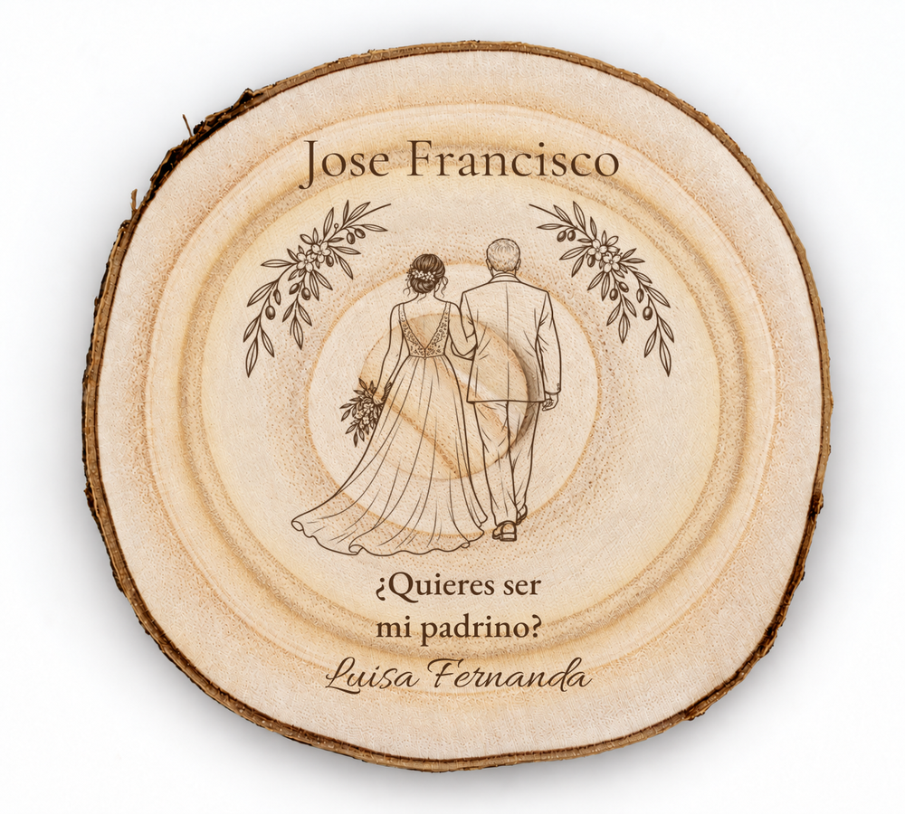 Simulation of a wedding sponsor plaque, laser engraved on paulownia, scene Walking to the altar, Jose Francisco and Luisa Fernanda, figures seen from behind without visible faces.