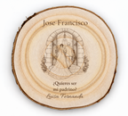 Simulation of a wedding sponsor plaque, laser engraved on paulownia, scene Entering the church, Jose Francisco and Luisa Fernanda, figures seen from behind without visible faces.