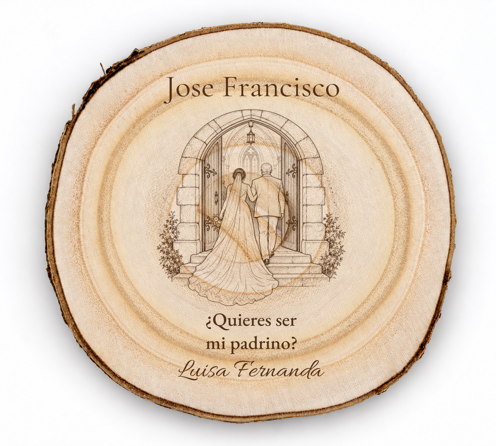 Simulation of a wedding sponsor plaque, laser engraved on paulownia, scene Entering the church, Jose Francisco and Luisa Fernanda, figures seen from behind without visible faces.