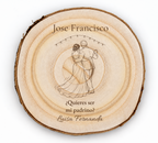 Simulation of a wedding sponsor plaque, laser engraved on paulownia, scene The first dance, Jose Francisco and Luisa Fernanda, figures seen from behind without visible faces.