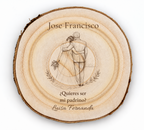 Simulation of a wedding sponsor plaque, laser engraved on paulownia, scene Before saying yes, Jose Francisco and Luisa Fernanda, figures seen from behind without visible faces.