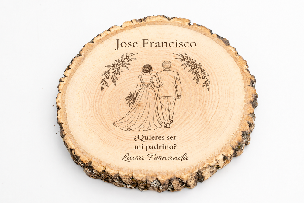 Simulation of a wedding sponsor plaque, laser engraved on ash wood, scene Walking to the altar, Jose Francisco and Luisa Fernanda, figures seen from behind without visible faces.