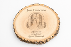 Simulation of a wedding sponsor plaque, laser engraved on ash wood, scene Entering the church, Jose Francisco and Luisa Fernanda, figures seen from behind without visible faces.