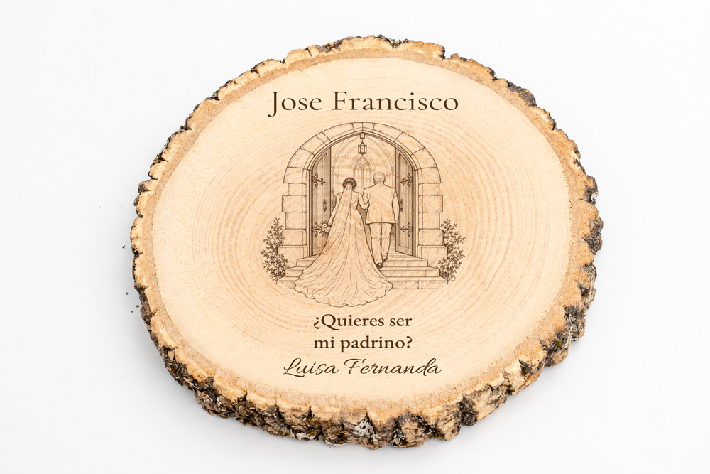 Simulation of a wedding sponsor plaque, laser engraved on ash wood, scene Entering the church, Jose Francisco and Luisa Fernanda, figures seen from behind without visible faces.