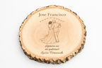 Simulation of a wedding sponsor plaque, laser engraved on ash wood, scene The first dance, Jose Francisco and Luisa Fernanda, figures seen from behind without visible faces.