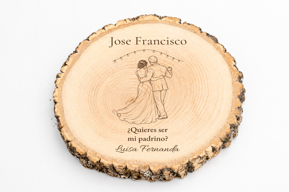 Simulation of a wedding sponsor plaque, laser engraved on ash wood, scene The first dance, Jose Francisco and Luisa Fernanda, figures seen from behind without visible faces.