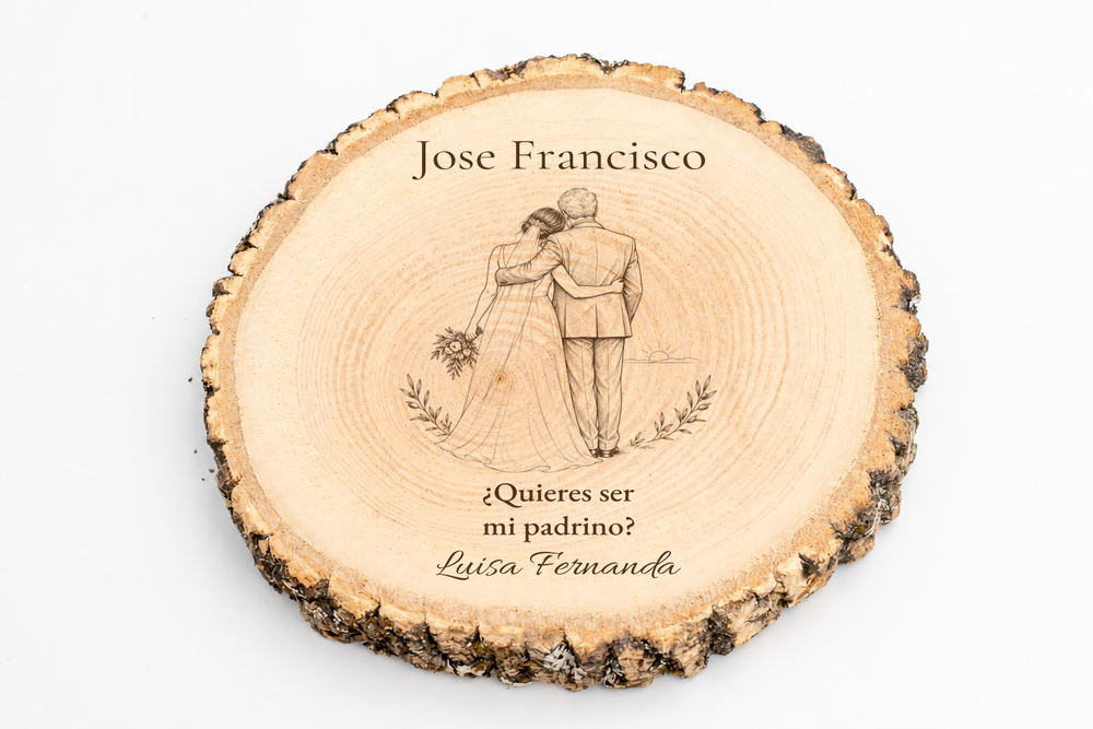 Simulation of a wedding sponsor plaque, laser engraved on ash wood, scene Before saying yes, Jose Francisco and Luisa Fernanda, figures seen from behind without visible faces.