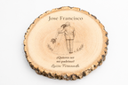 Simulation of a wedding sponsor plaque, laser engraved on ash wood, scene Before saying yes, Jose Francisco and Luisa Fernanda, figures seen from behind without visible faces.