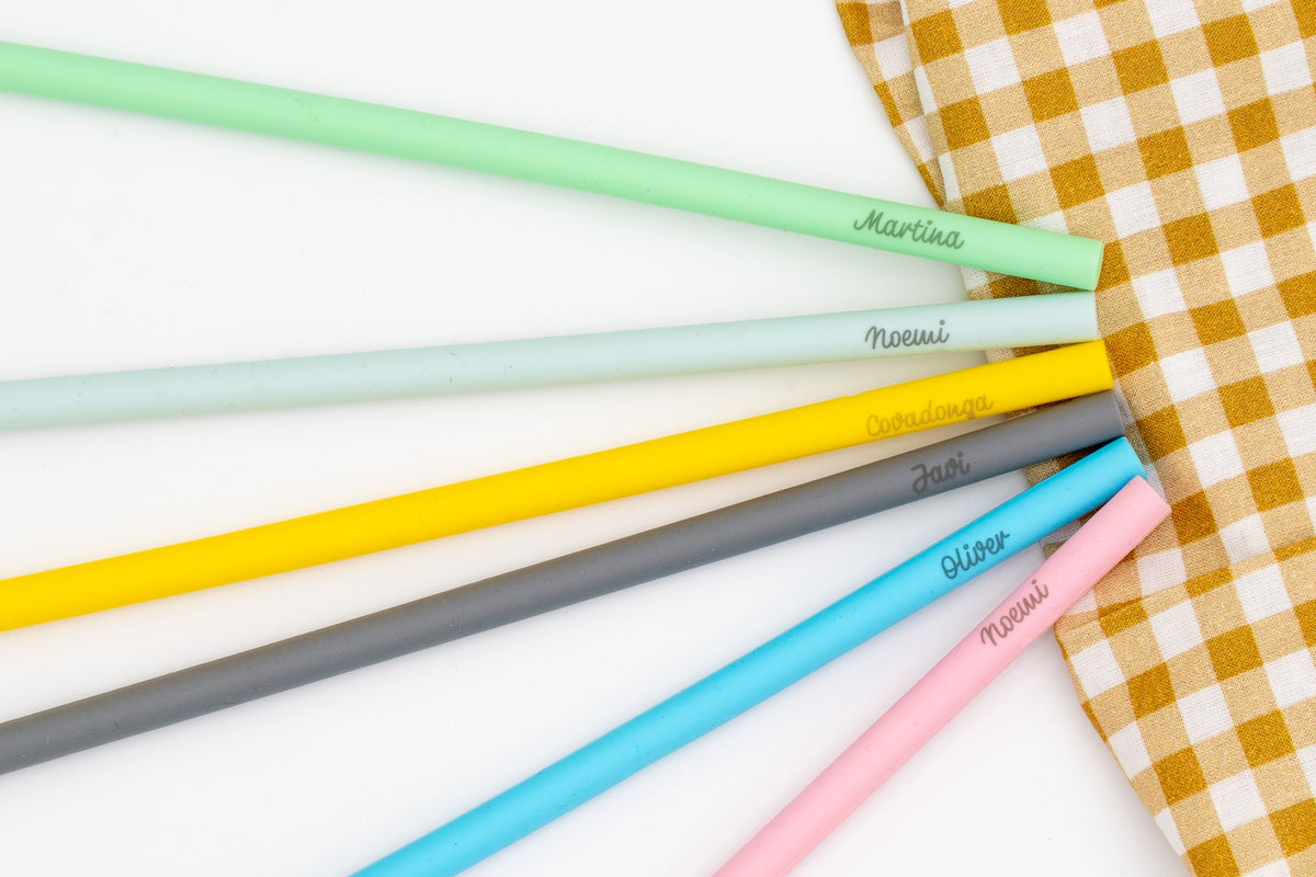 Names laser engraved on straight silicone straws