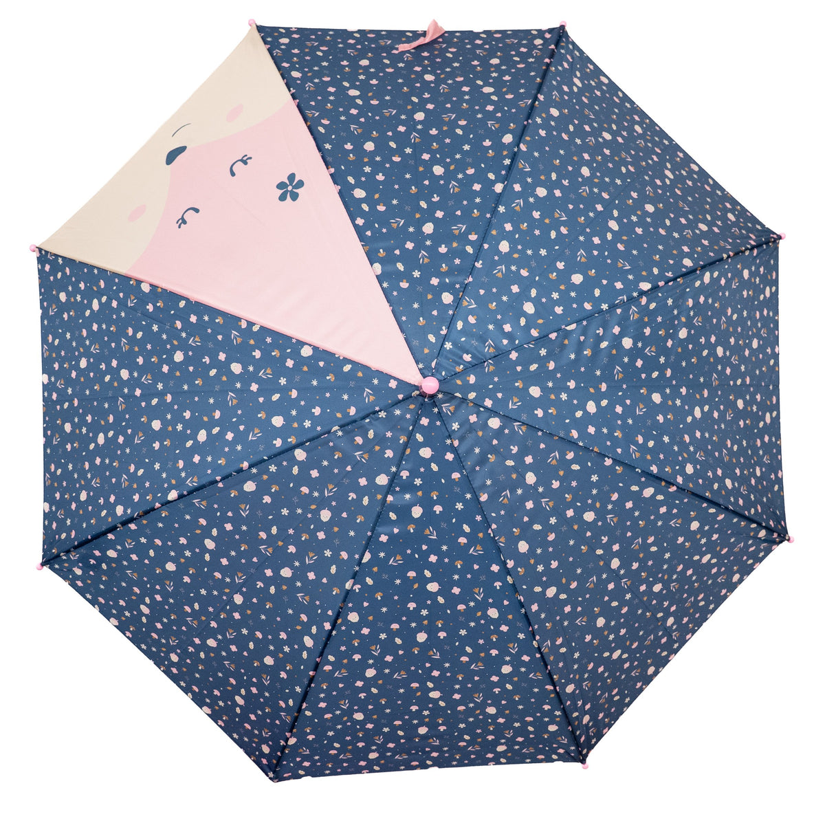 Open children's umbrella with a dinosaur print on a blue background