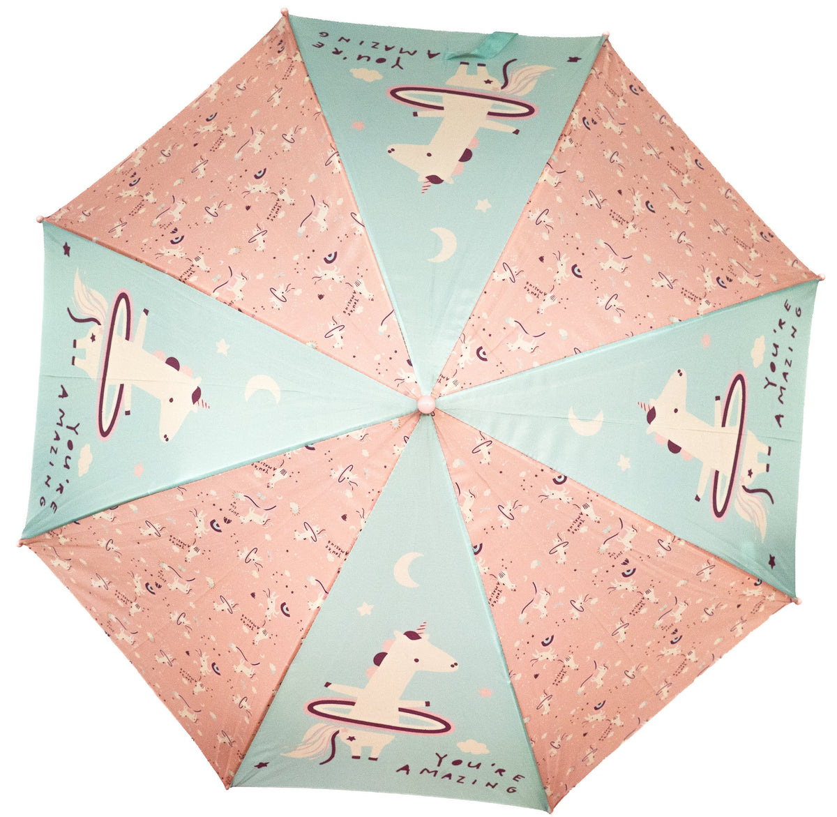 Open children's umbrella with a unicorn print in pink and aqua tones