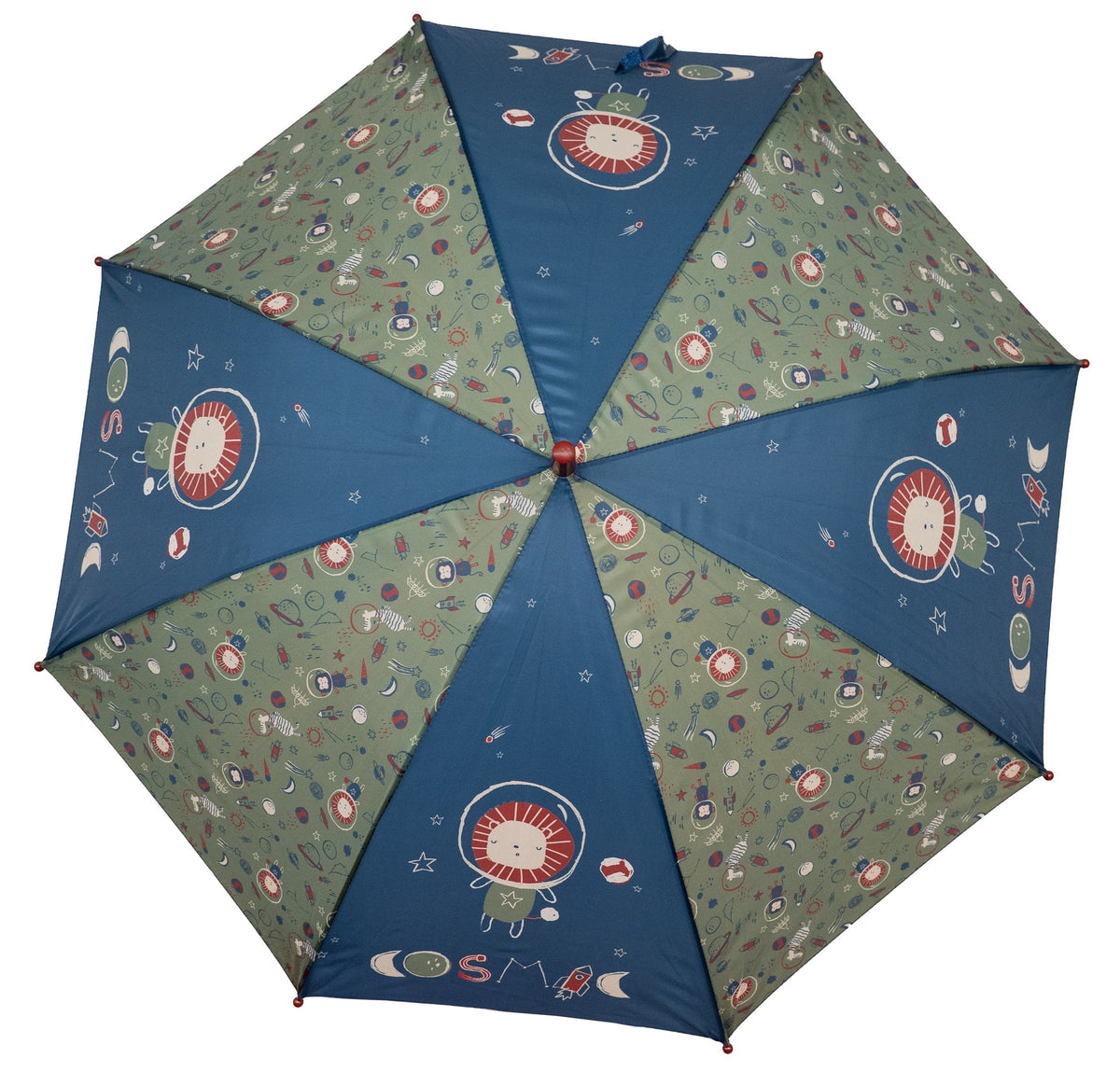 Open children's umbrella with an astronaut lion and planets print