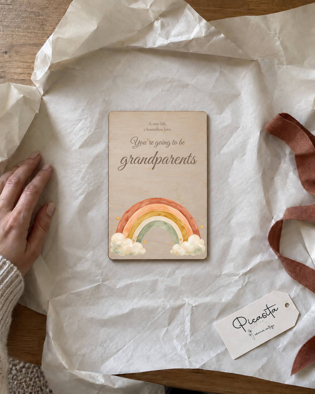 Simulated preview: Rainbow on Plywood, 10 × 15 cm, without an ultrasound. Gift scene.