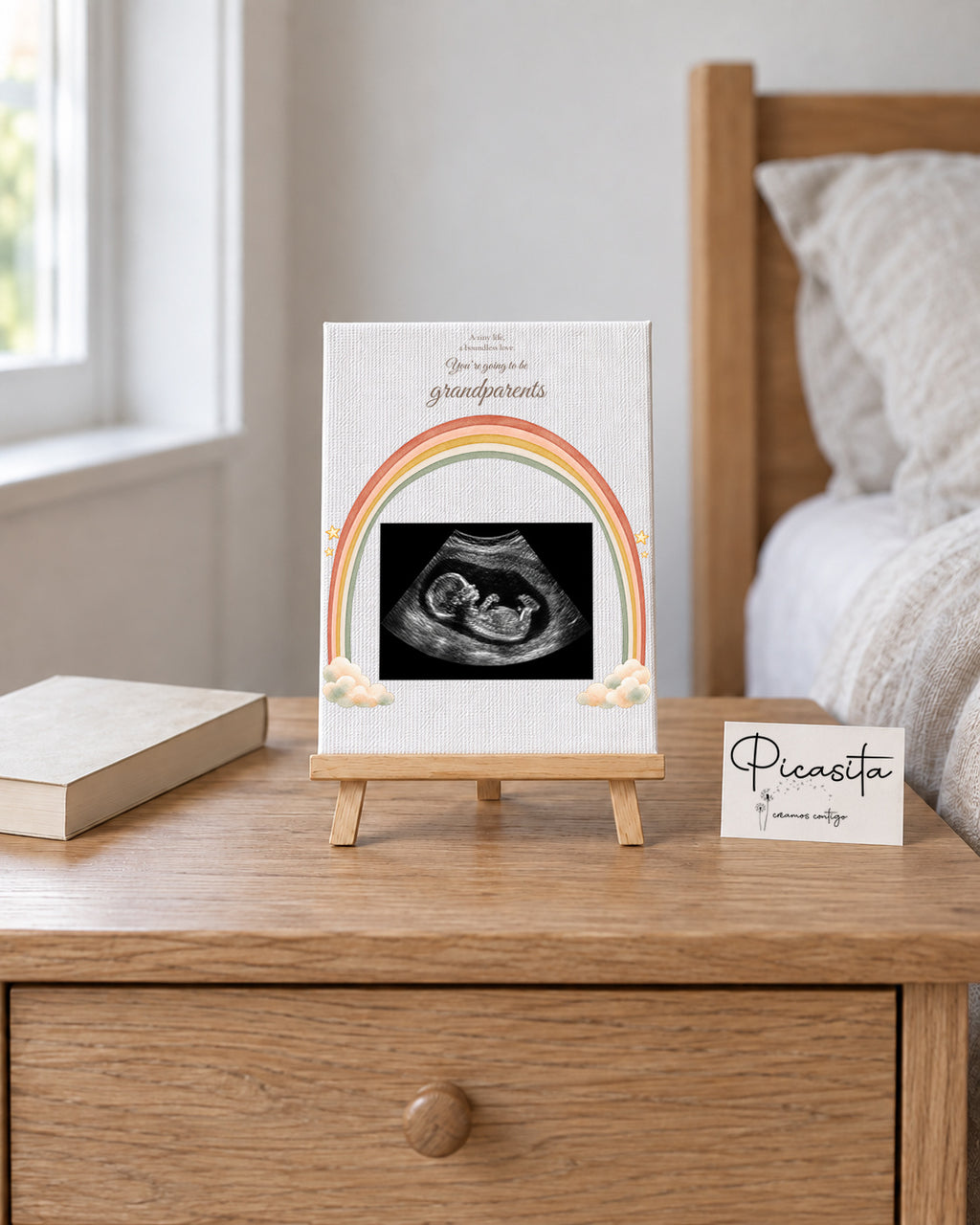 Simulated preview: Rainbow on Canvas, 15 × 20 cm, with an illustrative synthetic ultrasound. Scene with a 20 cm easel on a table.