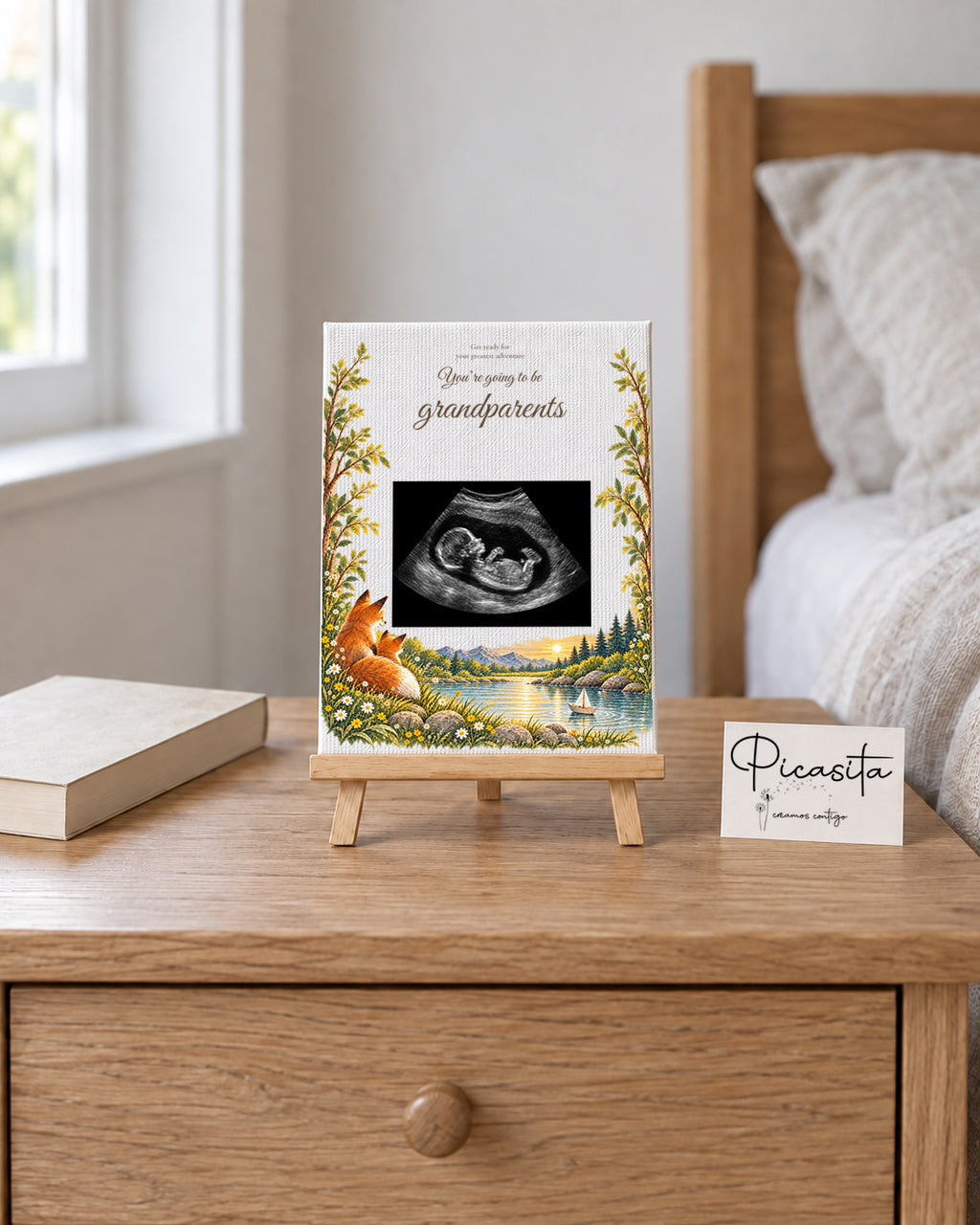 Simulated preview: Adventure on Canvas, 15 × 20 cm, with an illustrative synthetic ultrasound. Scene with a 20 cm easel on a table.