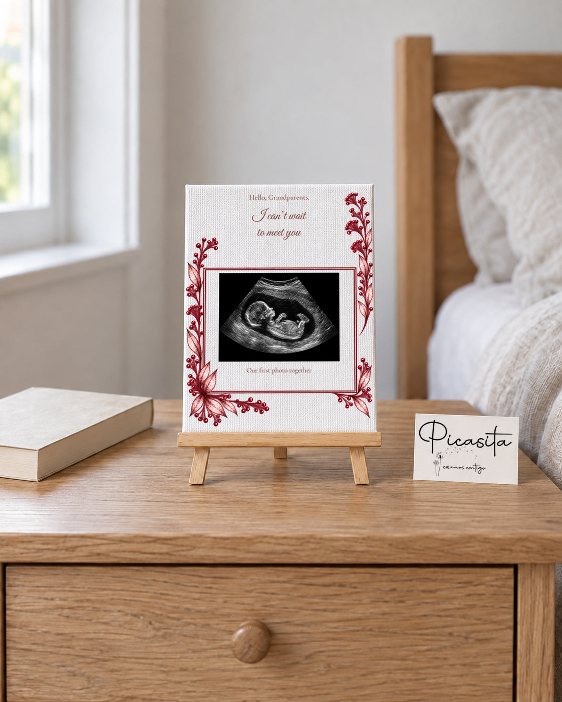 Simulated preview: First photo on Canvas, 15 × 20 cm, with an illustrative synthetic ultrasound. Scene with a 20 cm easel on a table.