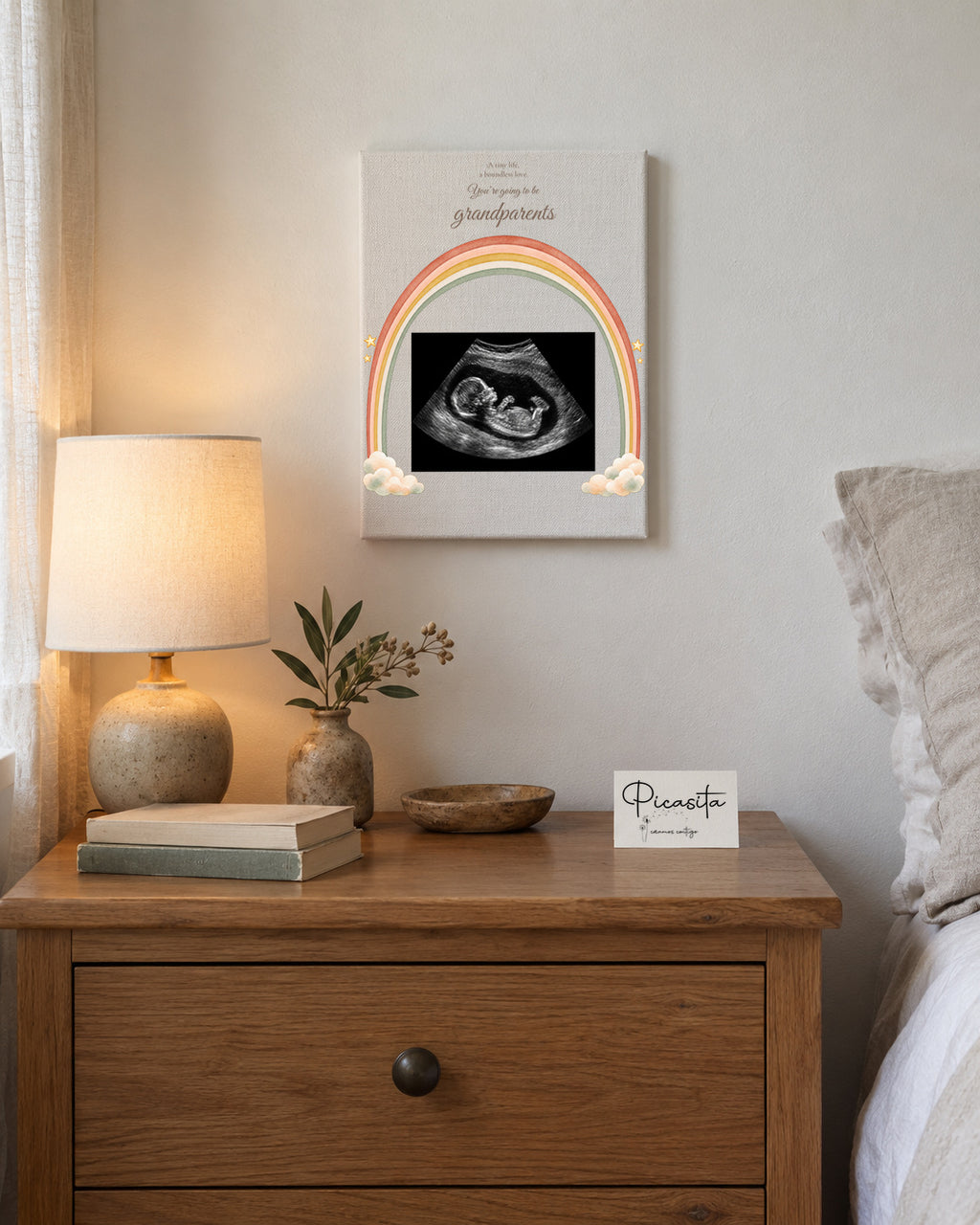 Simulated preview: Rainbow on Canvas, 15 × 20 cm, with an illustrative synthetic ultrasound. Wall scene.