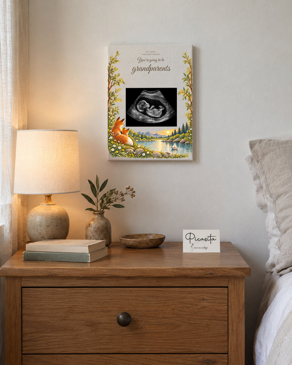 Simulated preview: Adventure on Canvas, 15 × 20 cm, with an illustrative synthetic ultrasound. Wall scene.