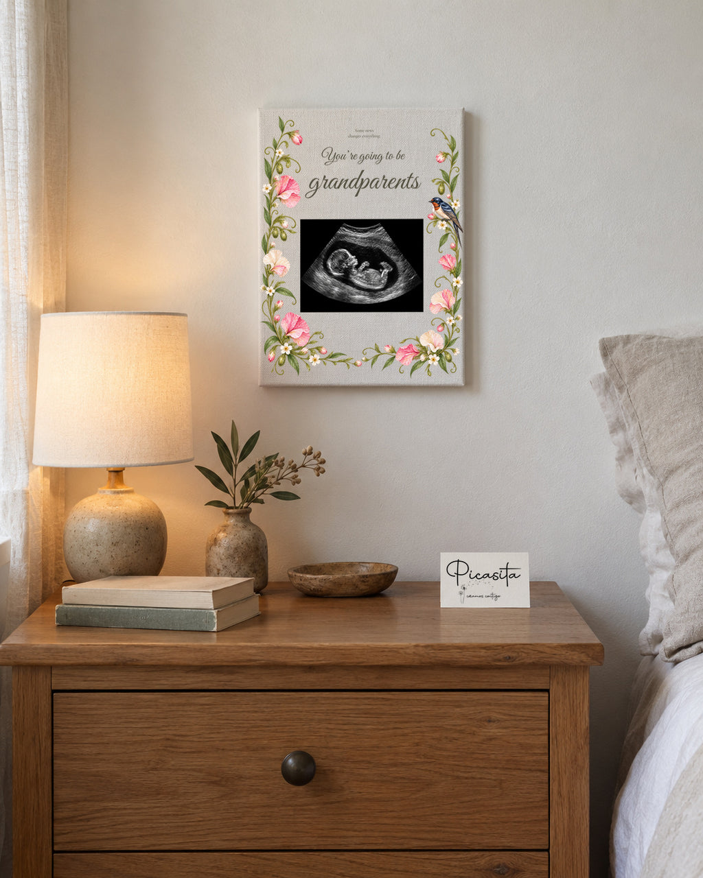 Simulated preview: Botanical on Canvas, 15 × 20 cm, with an illustrative synthetic ultrasound. Wall scene.