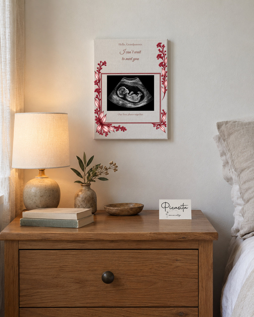 Simulated preview: First photo on Canvas, 15 × 20 cm, with an illustrative synthetic ultrasound. Wall scene.