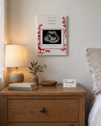 Simulated preview: First photo on Canvas, 15 × 20 cm, with an illustrative synthetic ultrasound. Wall scene.
