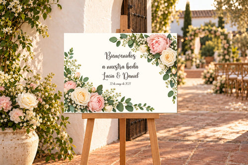 Colour A3 wedding welcome sign, Rosas design, with Spanish text, on an easel in a courtyard.