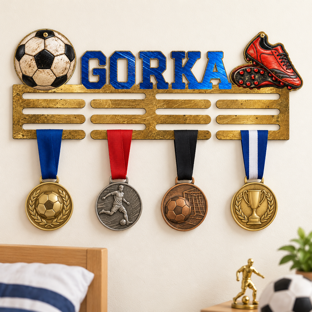 Simulation of an GORKA personalised football medal holder on a wall with medals and a blue name