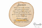 Invitación para testigo de boda grabada en rodaja de madera natural para Juanan.