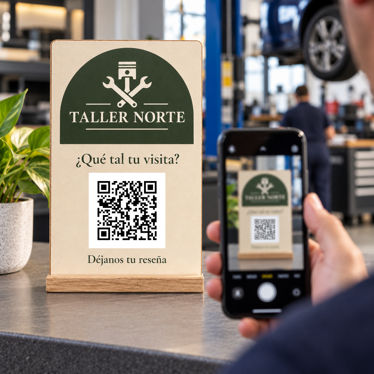 Simulated view of Personalised QR review sign · in use