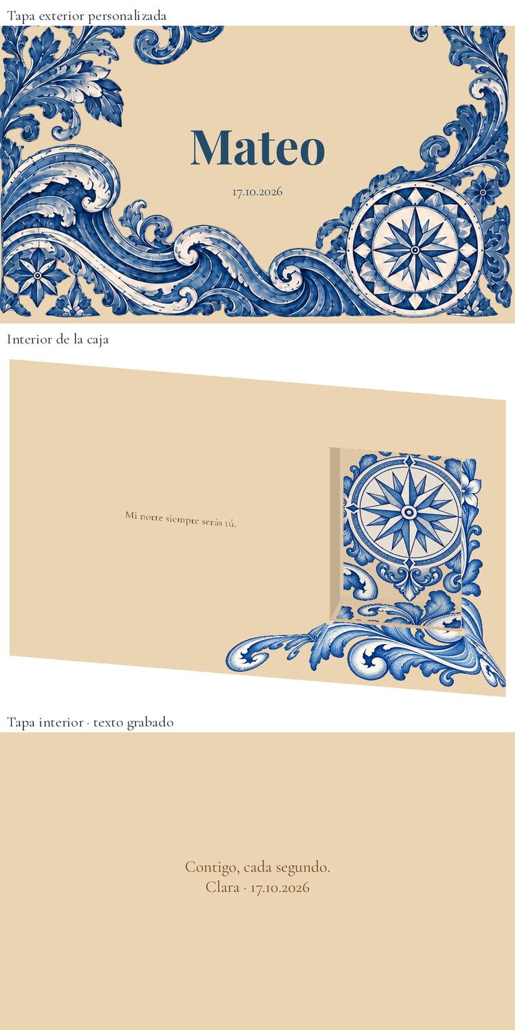 Digital preview: Personalised watch box for the groom — Rosa de los vientos. 24 × 16 cm wooden box; watch not included.