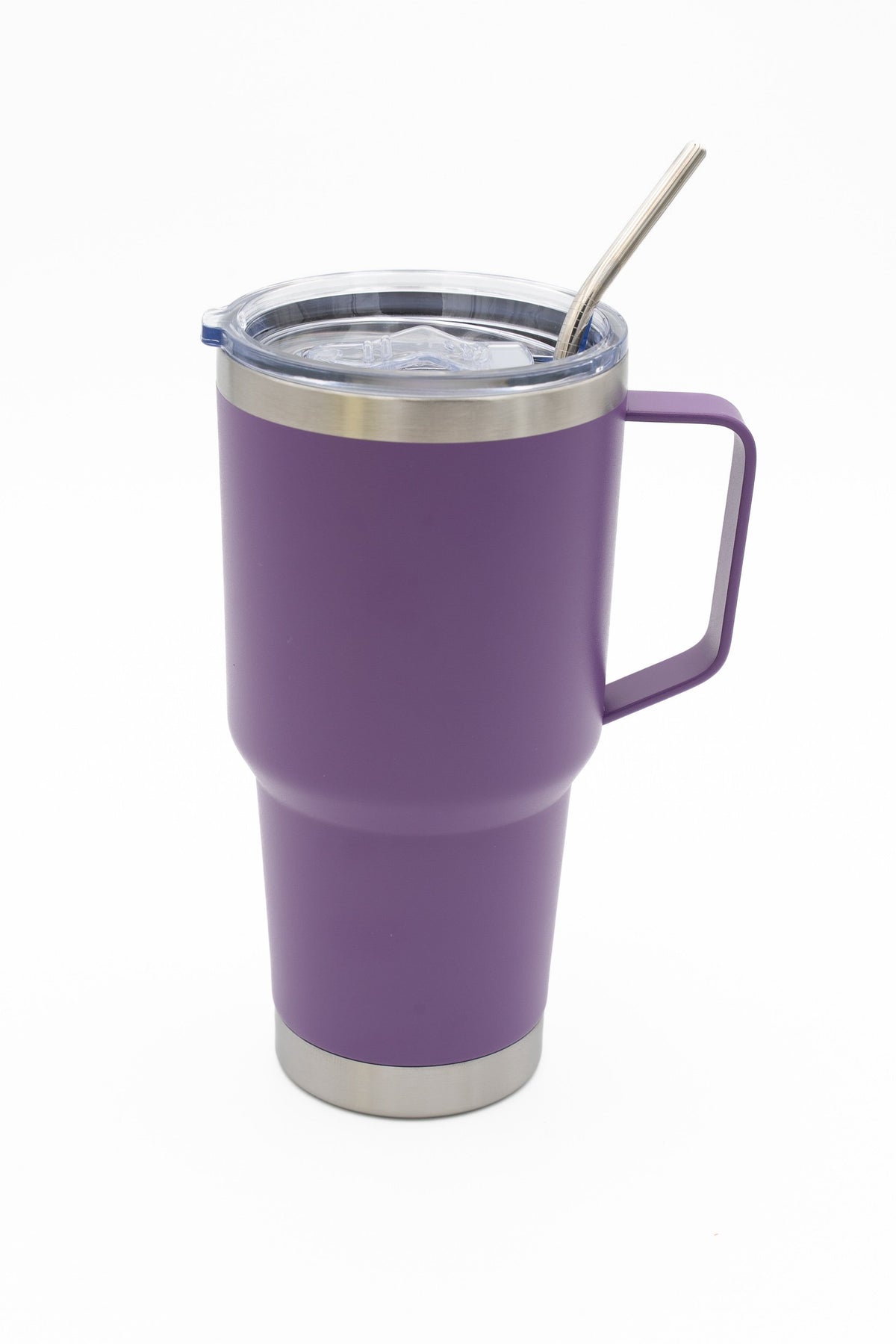 Purple travel tumbler with a handle and metal straw in a transparent lid