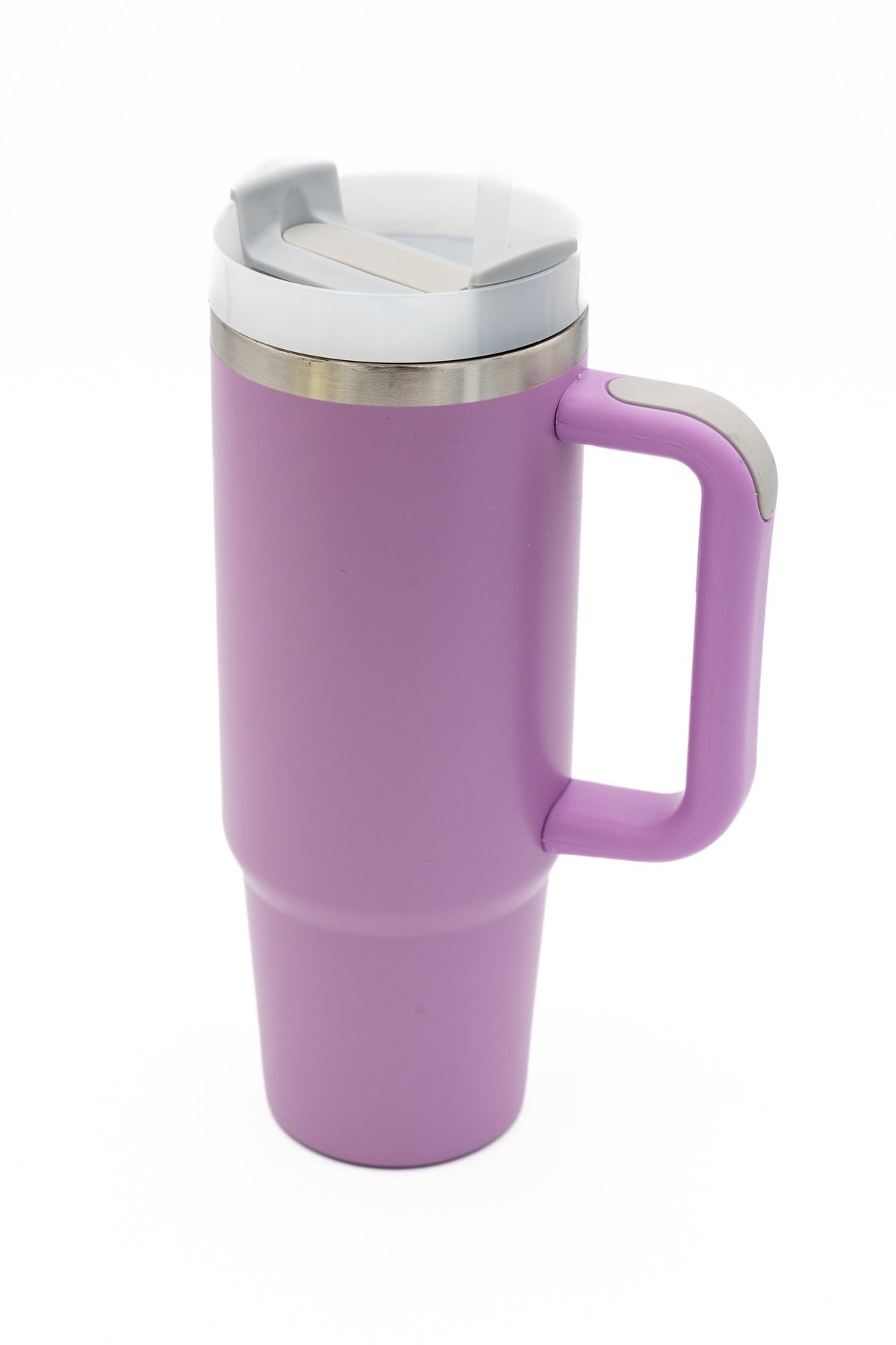 Lavender insulated tumbler with a handle and transparent plastic lid with grey closure