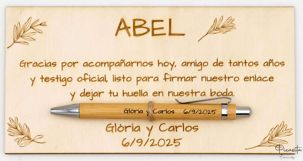 Laser-engraved thank-you plaque for the witness Abel, with a bamboo pen
