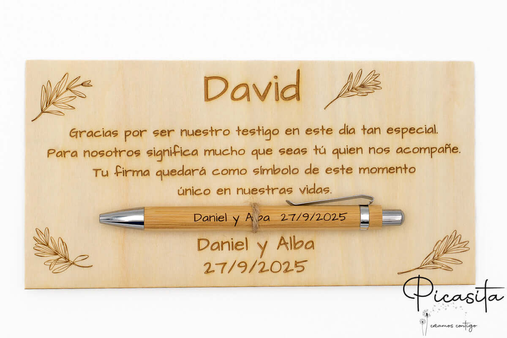Laser-engraved thank-you plaque for the witness David, with a bamboo pen