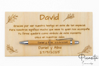 Laser-engraved thank-you plaque for the witness David, with a bamboo pen