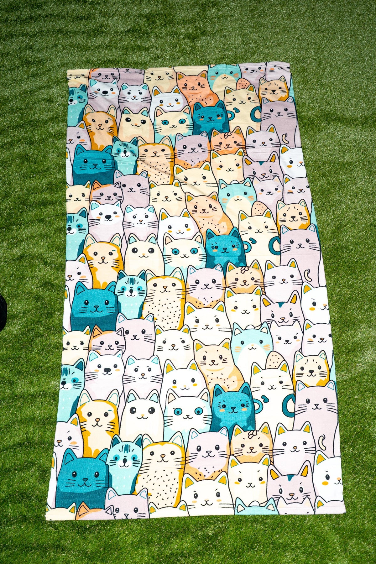 Towel with a colourful kitten print including turquoise and yellow