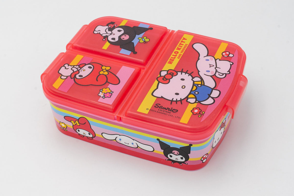 Translucent red Sanrio lunch box with three compartments and Hello Kitty and My Melody designs