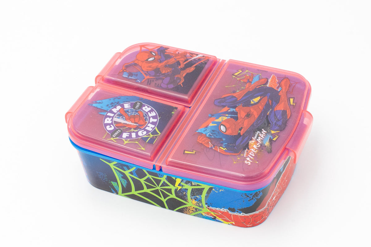 Children's Spiderman lunch box with three separate compartments, translucent red lids and decorated blue base