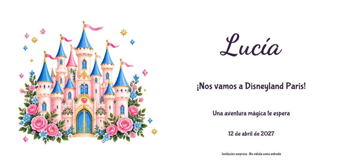 Flat digital view of the actual Disneyland Paris invitation design: Acrylic style, Castle theme, with a name and optional date.