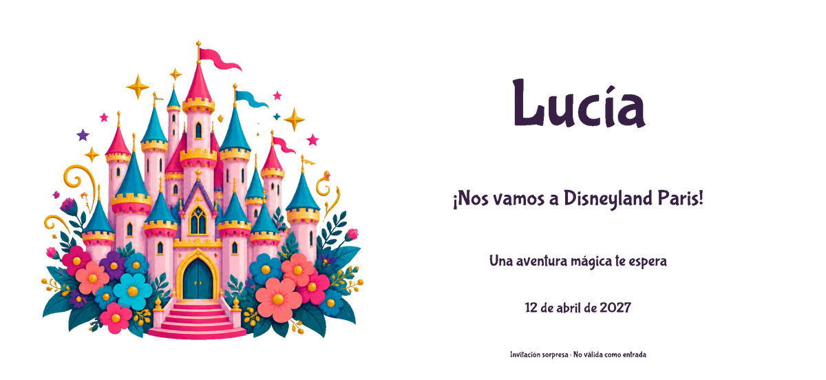 Flat digital view of the actual Disneyland Paris invitation design: Colour style, Castle theme, with a name and optional date.