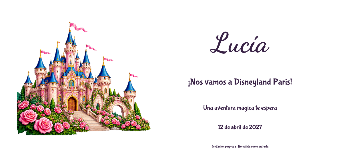Flat digital view of the actual Disneyland Paris invitation design: Illustrated style, Castle theme, with a name and optional date.