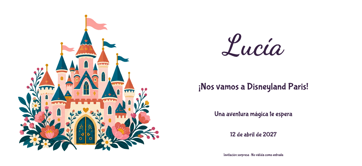 Flat digital view of the actual Disneyland Paris invitation design: Wood style, Castle theme, with a name and optional date.