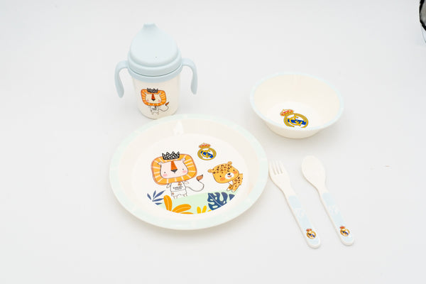 Complete blue Real Madrid children's tableware set with lion motifs
