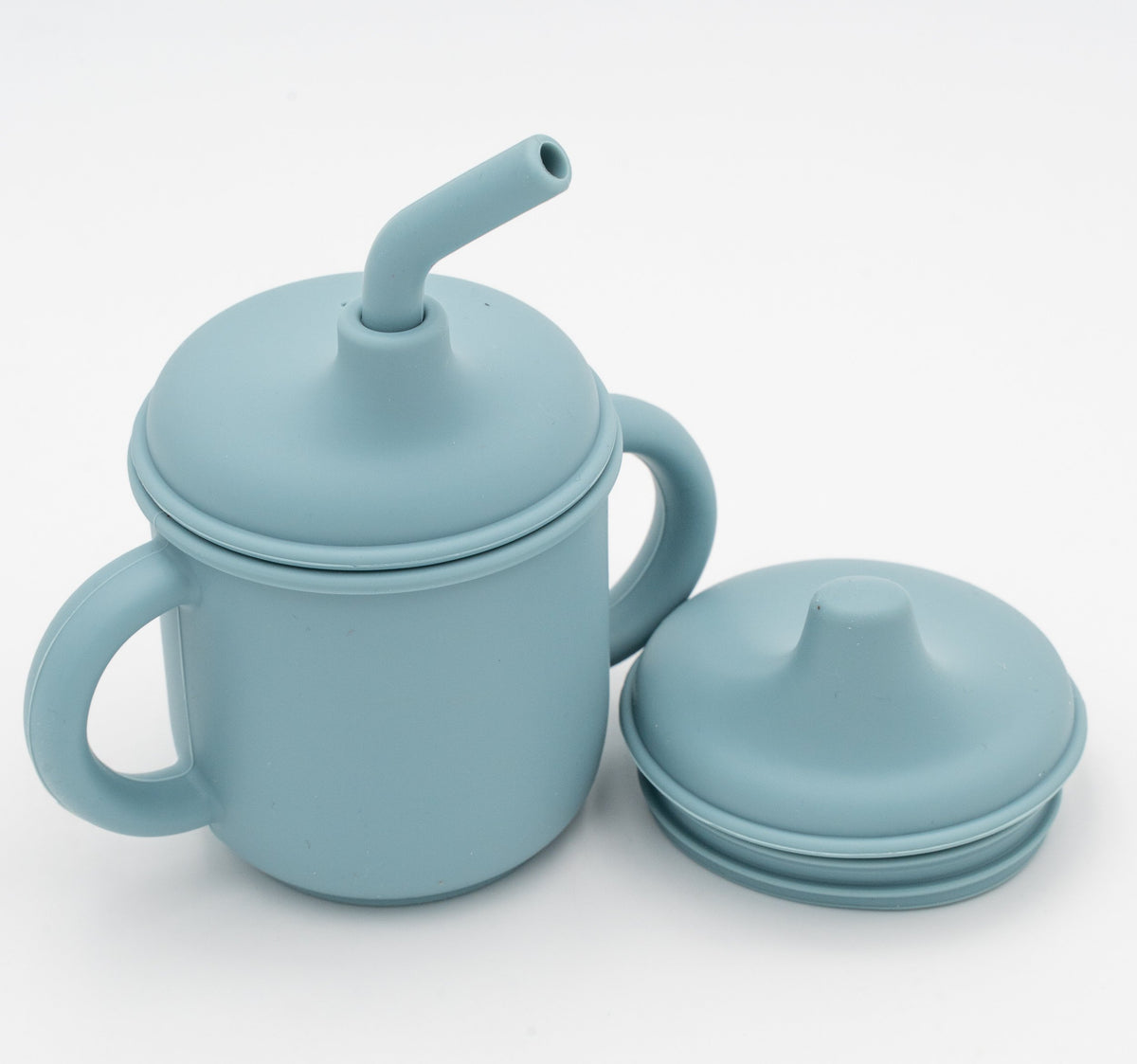Blue children's cup with a straw, two handles and a spout lid