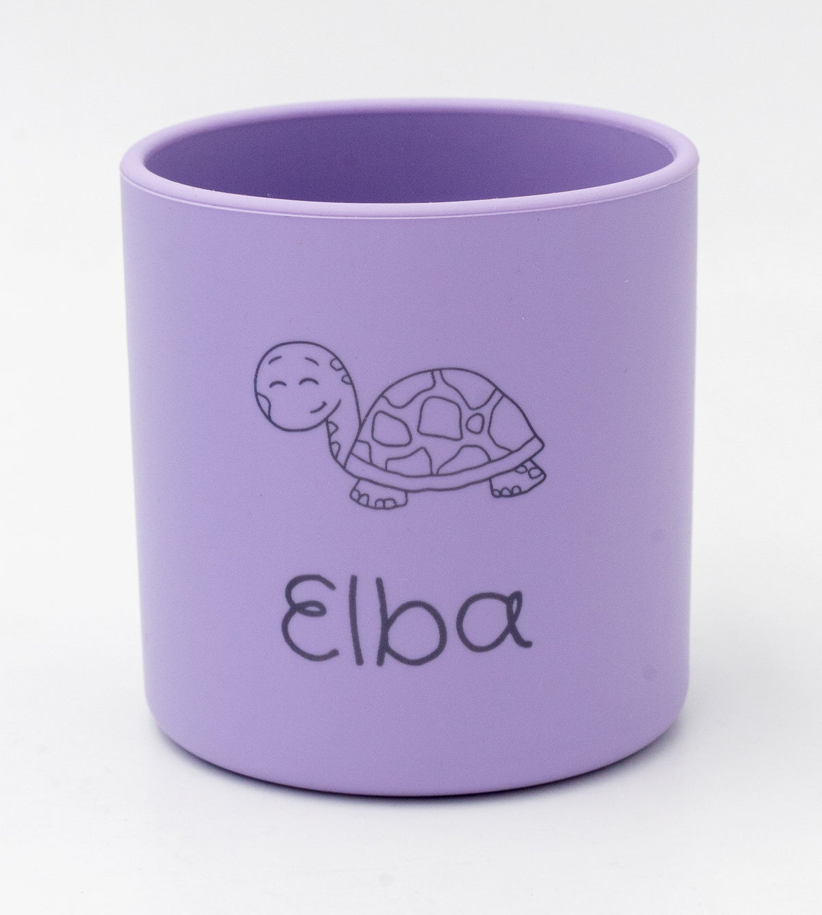 Lilac cup with the name Elba and an engraved tortoise