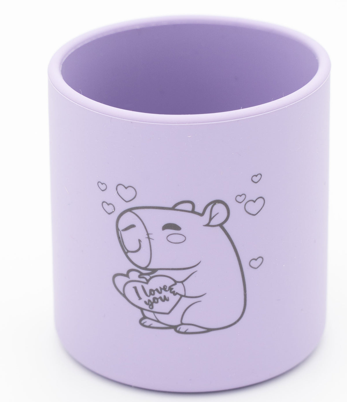Light lilac cup with an engraved picture and visible opening