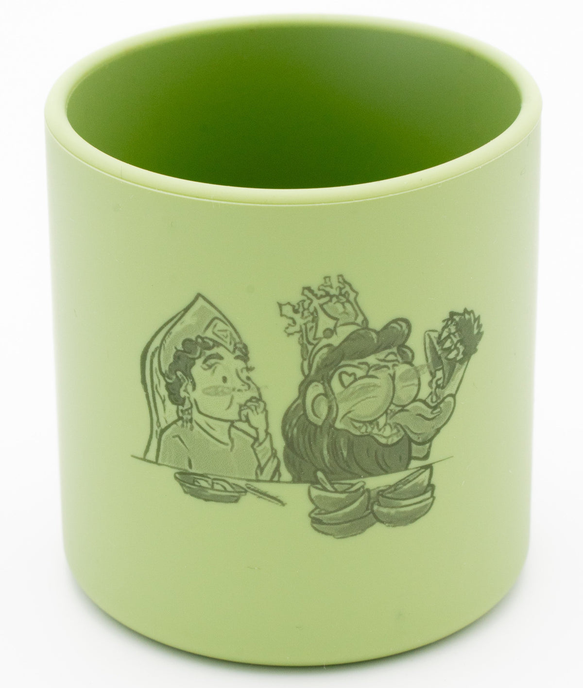 Green cup with engraved pictures and visible opening